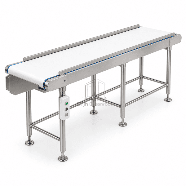 Cleanroom belt conveyor in opposite rear three-quarter view