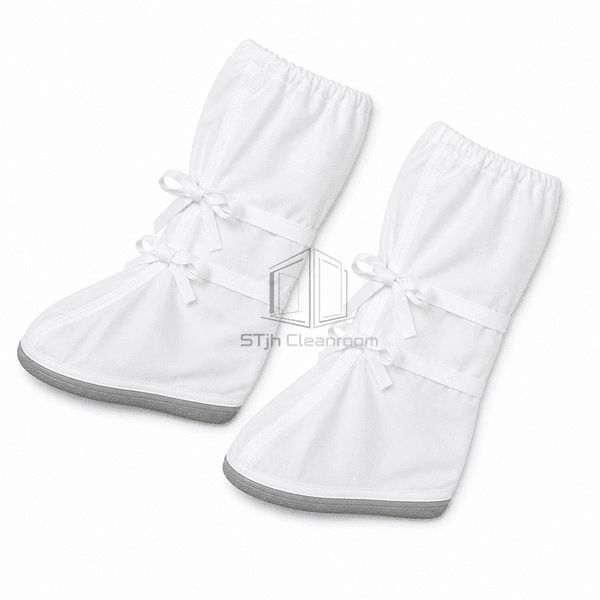 Pair of cleanroom boot covers laid flat with ties extended