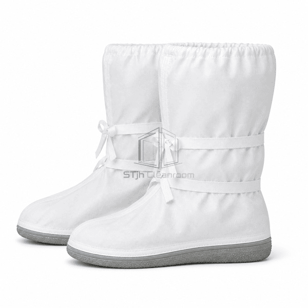 White cleanroom boot covers showing calf height and ankle ties