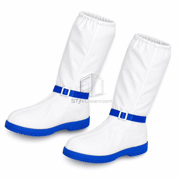 Pair of polyester cleanroom boots arranged flat with straps visible