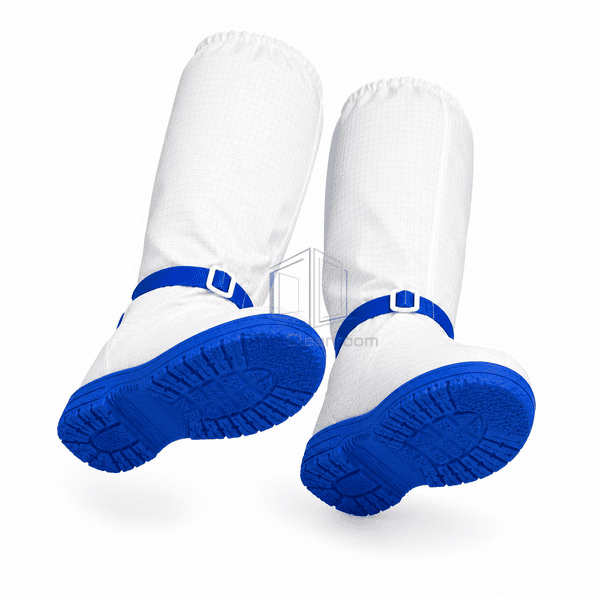 Cleanroom boots displaying blue textured molded soles