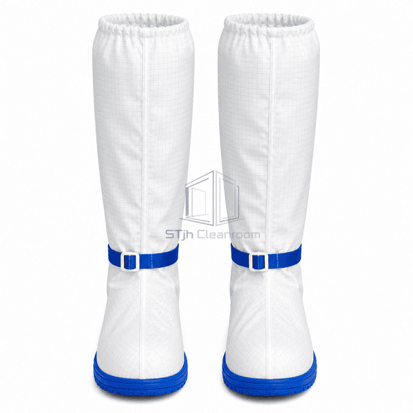 Knee-high cleanroom boots showing elastic tops and ankle straps
