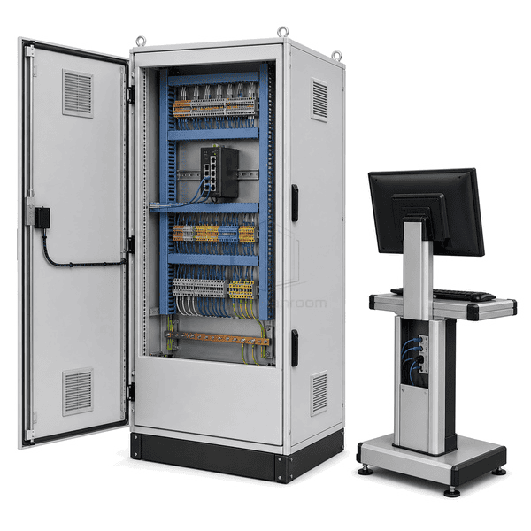Rear three-quarter view of the entire BMS cabinet with labeled I/O terminal rows and dual industrial Ethernet ports clearly exposed