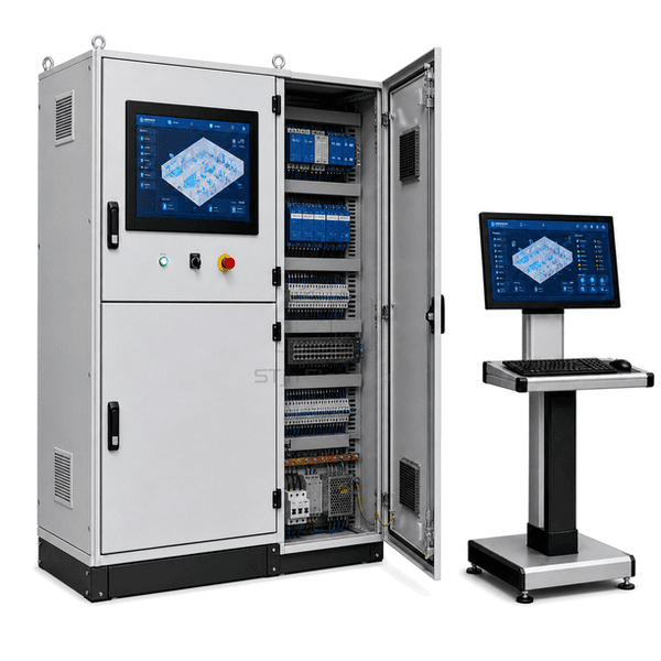 Open side view showing segmented controllers, network switches and terminal rails