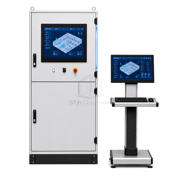 Front view of the cleanroom BMS cabinet with touchscreen and status controls