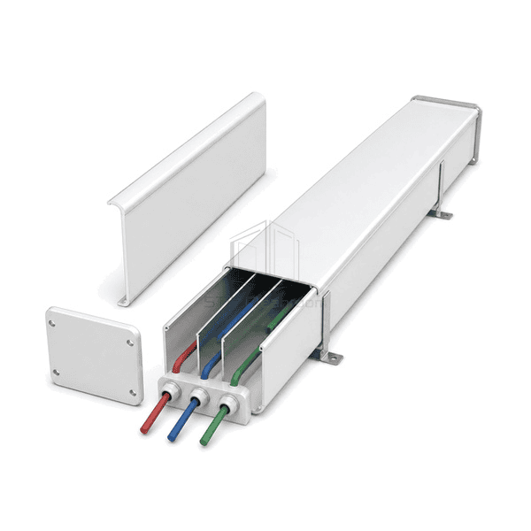 End view showing tray depth, cover and internal dividers