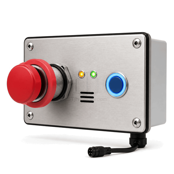 Close view of the illuminated call-button ring and engraved room label