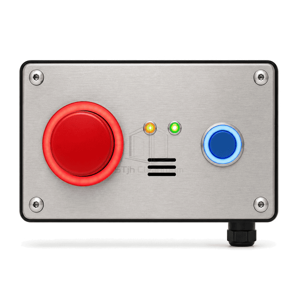 Front view of call, reset and status controls on stainless plate