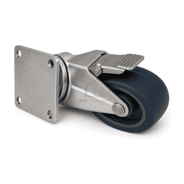 Horizontal complete view of the cleanroom caster wheel with four-hole top plate axle and brake pedal