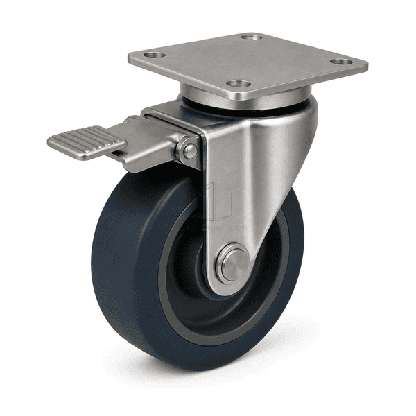 High rear-left service view of the cleanroom caster wheel swivel race brake pivot axle and top plate