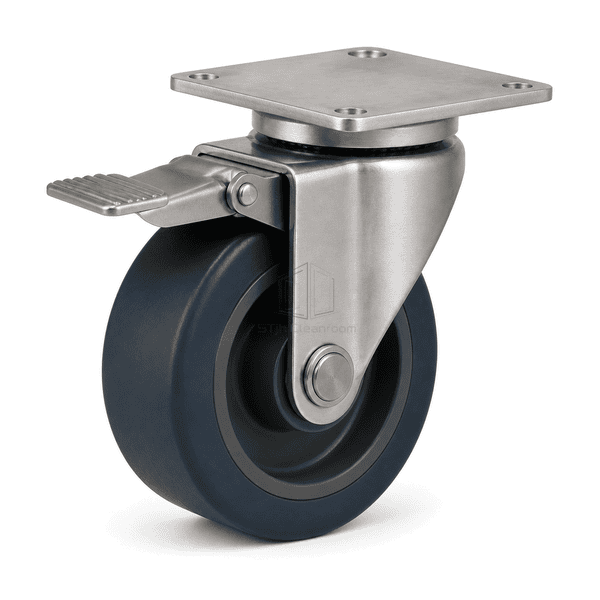 Rear-right side view of the cleanroom caster wheel showing TPU tread width stainless fork and bearing cap