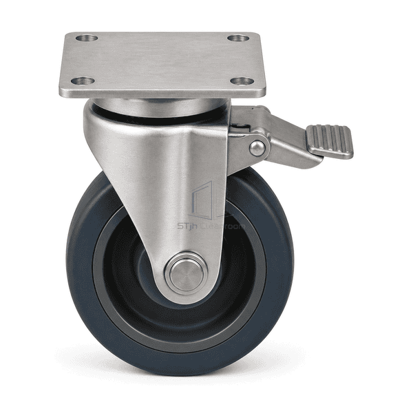 Straight front view of the cleanroom caster wheel showing one wheel axle four mounting holes and side brake