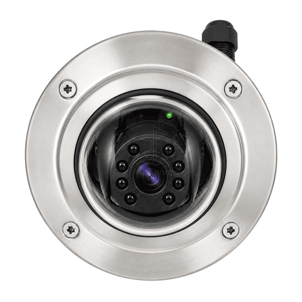 Front view through the clear dome to the black camera lens