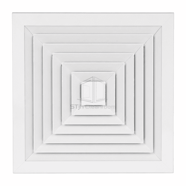 Straight room-side view of flush cleanroom supply air diffuser