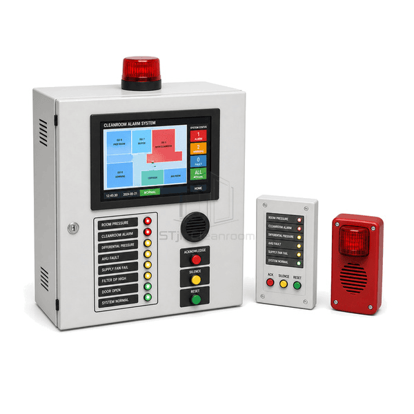 Horizontal arrangement of central annunciator, remote alarm module and red sounder beacon