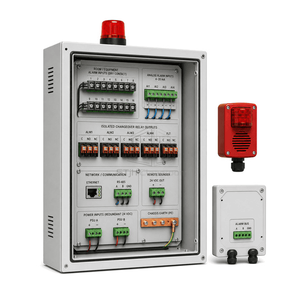 Rear three-quarter view of the entire central alarm cabinet with isolated alarm-input banks and changeover relay outputs clearly exposed