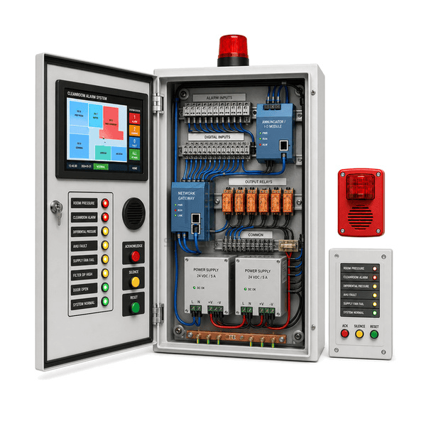 Open side view showing alarm input modules, relays and redundant power supplies