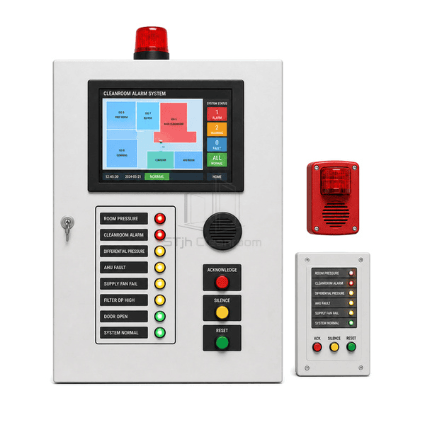 Front view of central cleanroom alarm panel showing prioritized room alarm map