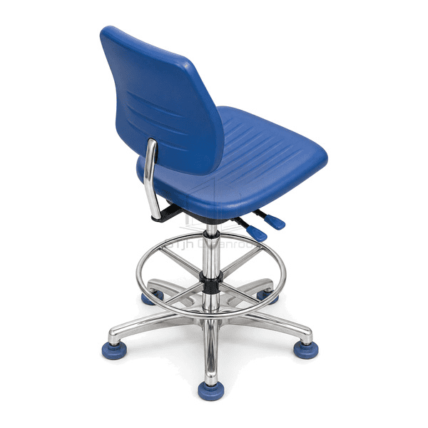 Elevated view of cleanroom chair seat contours and five-star base