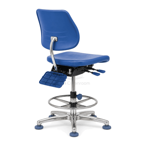 Cleanroom chair connection showing capped gas lift backrest clamp and footring collar