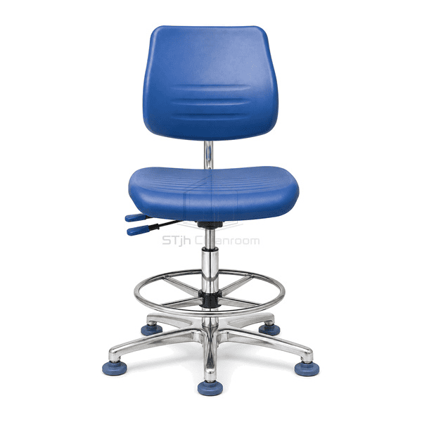 Front view of cleanroom chair seat backrest footring and glides