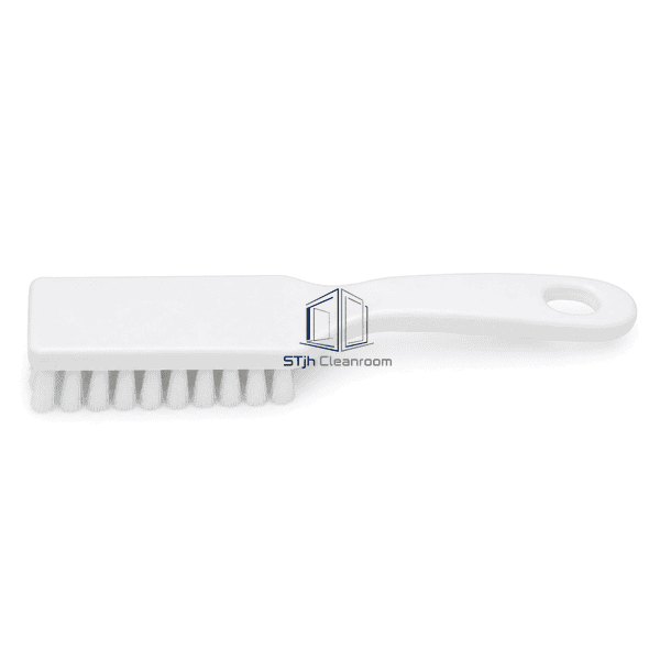 Horizontal full view of the white hand-held cleanroom cleaning brush