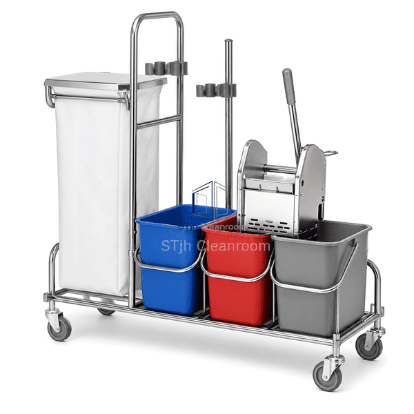 Side view showing segregated buckets and wringer