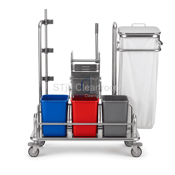 Front view of stainless cleanroom cleaning trolley