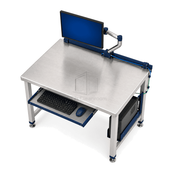 Elevated view of cleanroom computer workstation stainless work surface