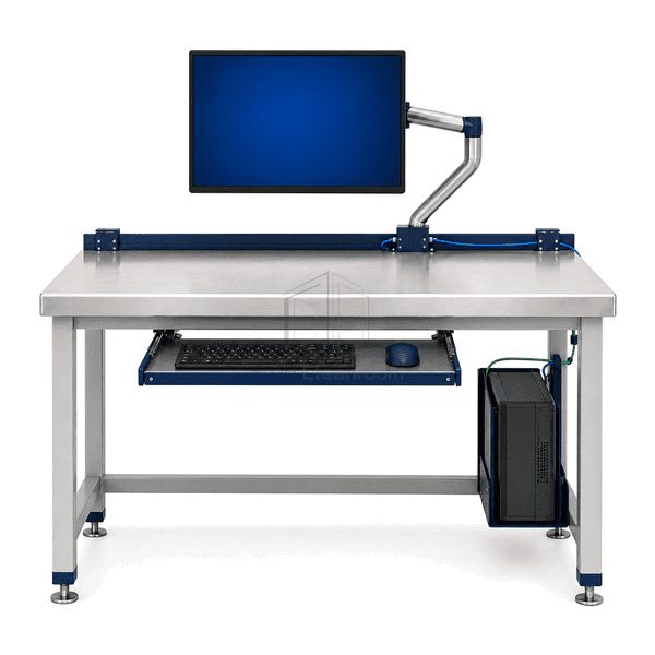 Front view of stainless cleanroom PC workstation and operator controls