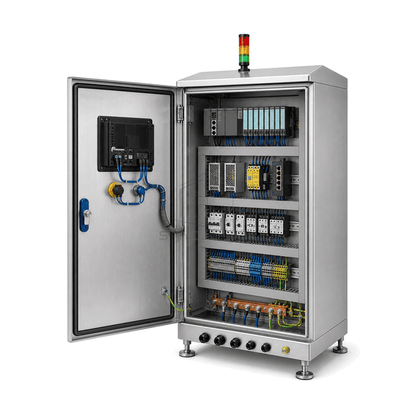 Open side view showing PLC, I-O, relays and separated wire ducts