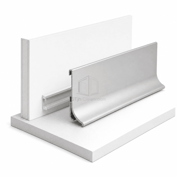 Sealed connection between cleanroom skirting wall panel and flooring