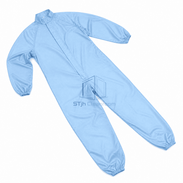 Cleanroom coverall laid flat showing complete garment construction