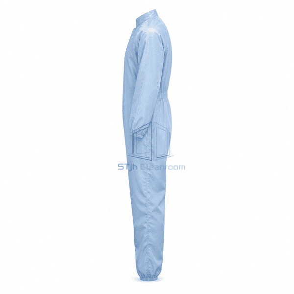 Cleanroom coverall side view showing sleeve and leg profile