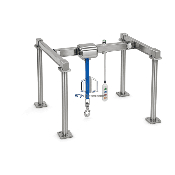 Complete cleanroom bridge crane in wide elevated opposite-corner perspective