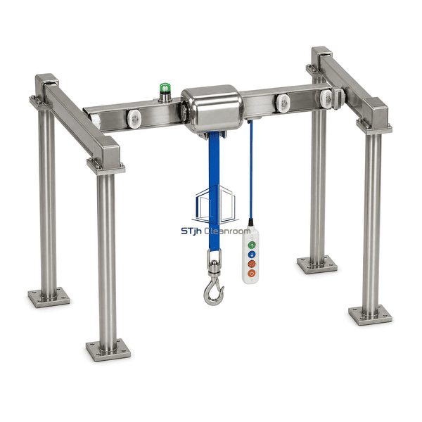 Cleanroom crane structural view showing trolley wheels belt outlet hook and pendant