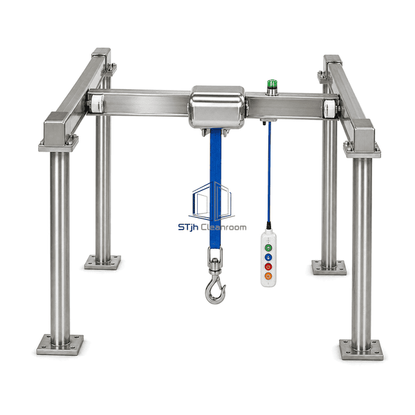 Stainless cleanroom crane side-oriented view showing runway and bridge geometry