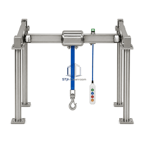 Cleanroom crane front elevation showing four columns and centered belt hoist