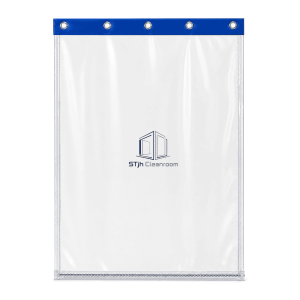 Transparent cleanroom curtain facing front with five hanging eyelets visible