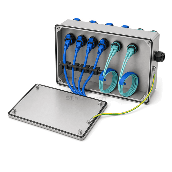 Rear view of copper and fiber terminations with strain relief