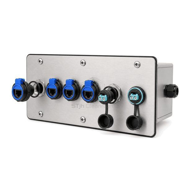 Close view of a sealed network connector, tethered cap and engraved ID