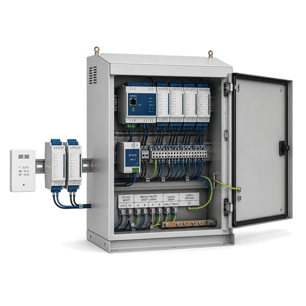 Rear three-quarter view of the entire DDC panel with removable field terminals and daisy-chained BACnet MS/TP connection clearly exposed