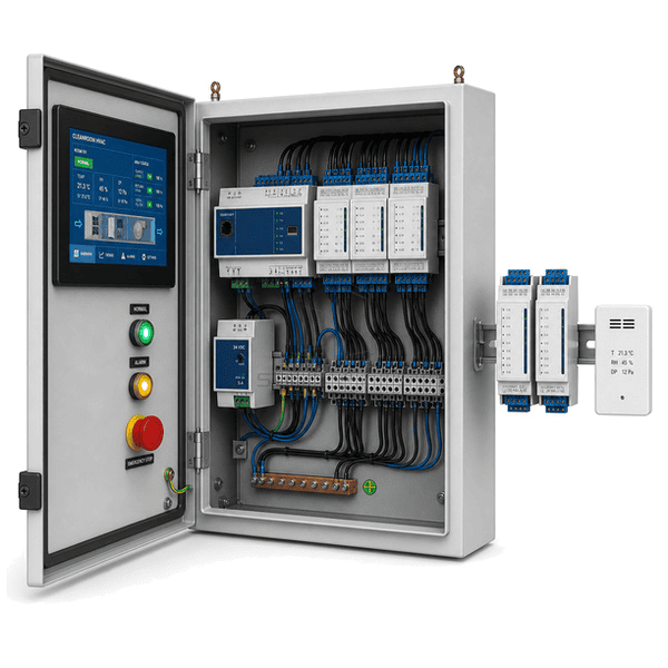 Open side view showing networked DDC controllers and universal I/O modules