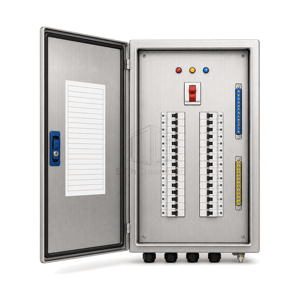 Front view with the door open to show organized breaker rows
