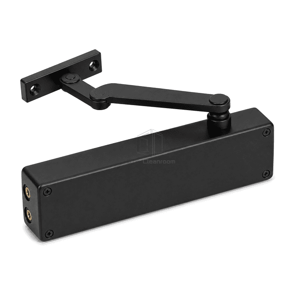 High horizontal view of the complete rack-and-pinion cleanroom door closer assembly