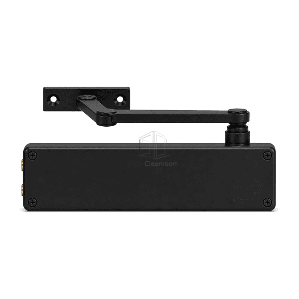 Straight front view of the compact black cleanroom door closer body arm and two-hole shoe