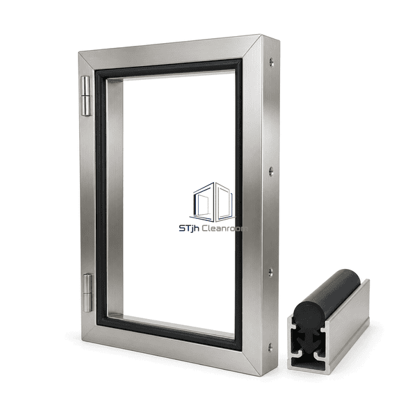 Reverse view of the cleanroom door gasket frame with corner and bulb profile detail