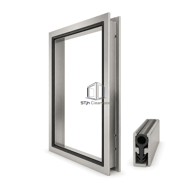 Side view showing cleanroom door-frame depth and arrowhead gasket retention