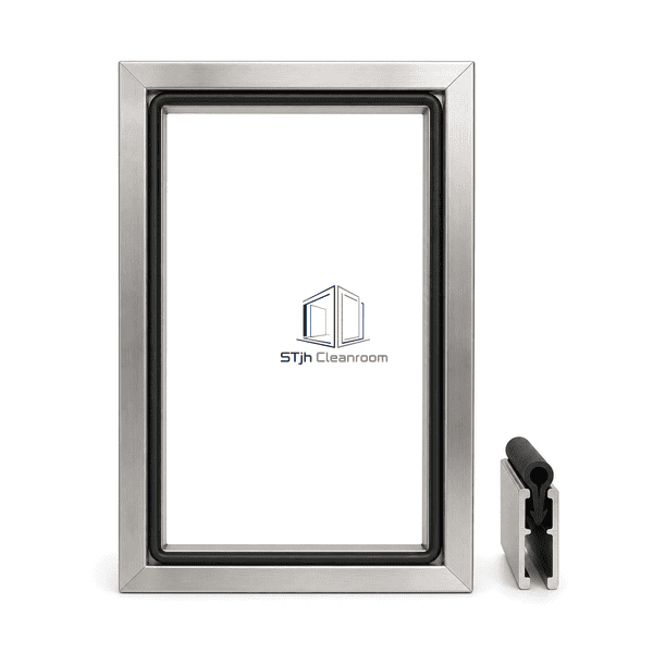 Front view of a stainless cleanroom door frame with continuous bulb gasket
