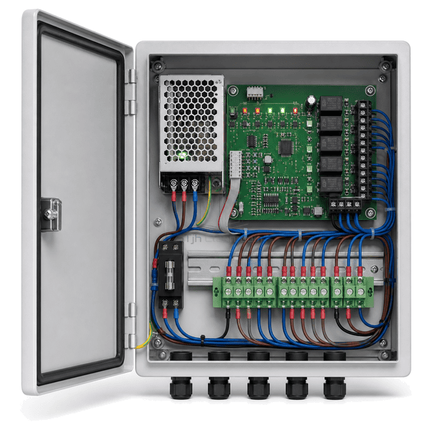 Close view of labeled lock sensor alarm and emergency-release terminals